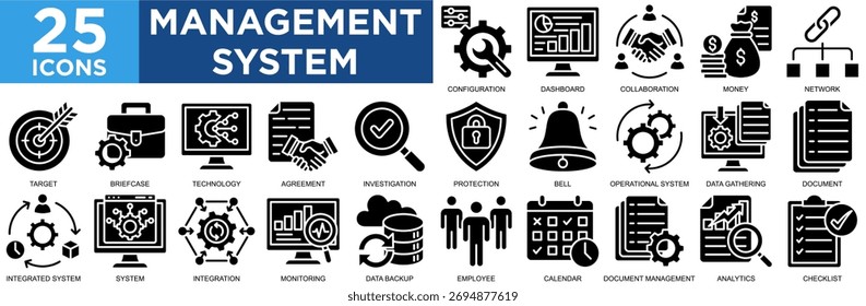 management system, technology, business, system, digital, computer icon set. Outline icons collection. Simple vector illustration