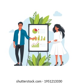 management team standing near the blackboard making a presentation. Indicates and explains the diagram, gives the report. Business presentation planning strategy. Vector illustration