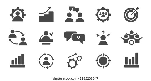 Management, team work, analysis and assessment icon set