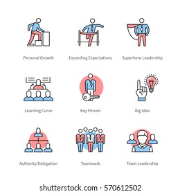 Management, team work, business concept symbols. Thin line art icons with flat colorful design elements. Modern linear style illustrations isolated on white.