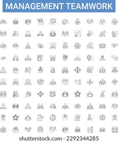 Management teamwork outline icons collection. Teamwork, Management, Collaboration, Efficiency, Working, Organization, Cohesion vector illustration set. Communication, Unity, Relationships line signs