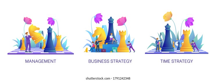 Concepto de gestión y estrategia del tiempo. Colección sobre el tema de negocios. Trabajadores de oficina considerando un plan estratégico. Se establece con varios caracteres. Personas de negocios con figuras de ajedrez. Ilustración del vector