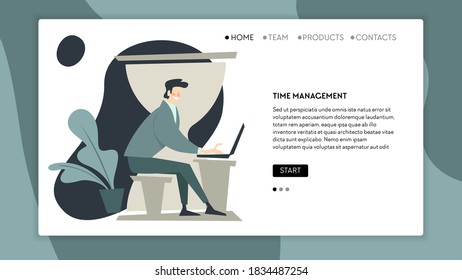 Gestión del tiempo y el flujo de trabajo, trabajo masculino en laptop, resolución de problemas y tareas corporativas. Organización del gerente, empleado productivo. Plantilla de sitio web o página web, página de inicio, vector