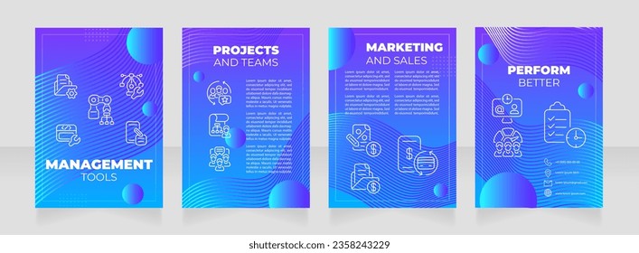 Plantilla de folleto de las herramientas de administración prefabricada azul. Administrador de tareas. Proyecto en línea. Diseño de folletos de desarrollo empresarial con iconos, espacio de copia. Editable 4 diseños. Montserrat, fuentes Roboto Light usadas
