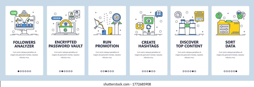 Management tools to boost business growth. Followers analyzer run promotion create hashtags. Mobile app screens. Vector banner template for website and mobile development. Web site design illustration