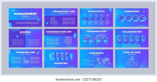 Management tools presentation templates set. Organizational change. Business software. Company strategy. Ready made PPT slides on blue background. Graphic design. Montserrat, Arial fonts used