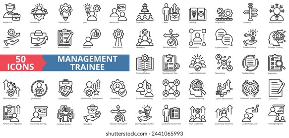 Management trainee icon collection set. Containing apprentice, leadership, development, skill, mentorship, supervisor, career icon. Simple line vector.