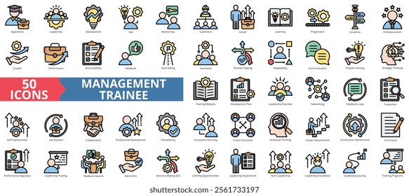 Management trainee icon collection set. Containing apprentice, leadership, development, skill, mentorship, supervisor, career icon. Simple flat outline color illustration