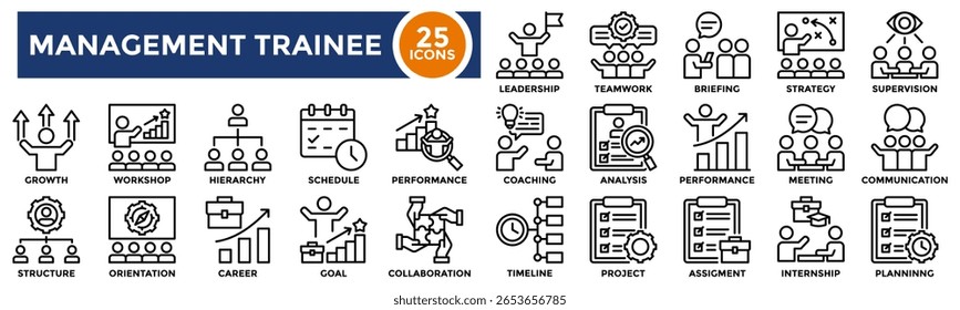 Management trainee icon collection set. Containing leadership, internship, assignment, supervision, coaching, orientation, career icon. Simple line vector illustration