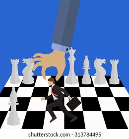 Management vector concept of the boss moving an employee on a chess board with white chess pieces