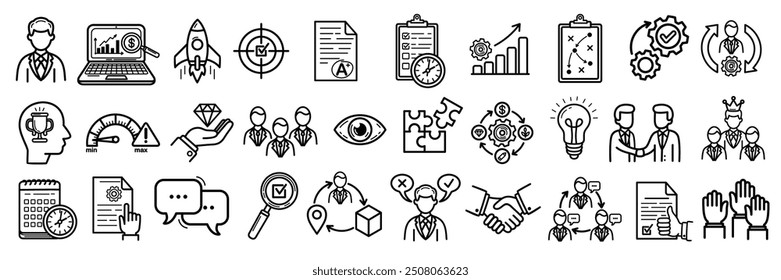 Management Vector Icon Collection. A set of outline icons related to teamwork, business, strategy, planning, marketing, manager, mission, values and more. Vector illustration