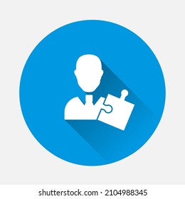 Icono del vector de administración. Icono de rompecabezas y hombre de negocios sobre fondo azul. Imagen plana con sombra larga.