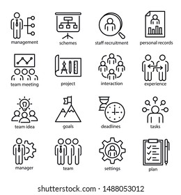 Management vector linear icons set. Staff recruitment, team meeting and project scheme thin line illustrations pack. Business administration. Tasks, deadlines and settings isolated clipart collection