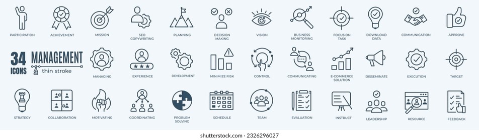 Management web icons in line style. Media, teamwork, business, planning, strategy, marketing. Vector illustration.