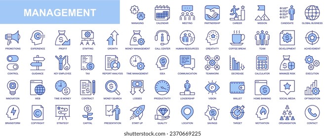 Management web icons set in blue line design. Pack of meeting, partnership, career, mission, global business, promotion, experiment, profit, staff productivity, other. Vector outline stroke pictograms