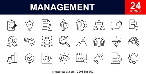 Management web icons set. Management - simple thin line icons collection. Containing vision, mission, values, human resource, money management, experience and more. Simple web icons set