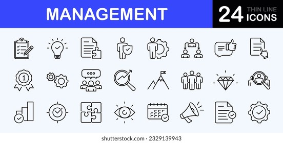 Management web icons set. Management - simple thin line icons collection. Containing vision, mission, values, human resource, money management, experience and more. Simple web icons set