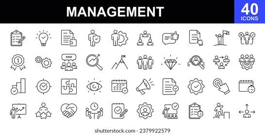 Conjunto de iconos web de administración. Administración - colección simple de iconos de línea delgada. Con visión, misión, valores, recursos humanos, gestión de dinero, experiencia y más. Conjunto simple de iconos web