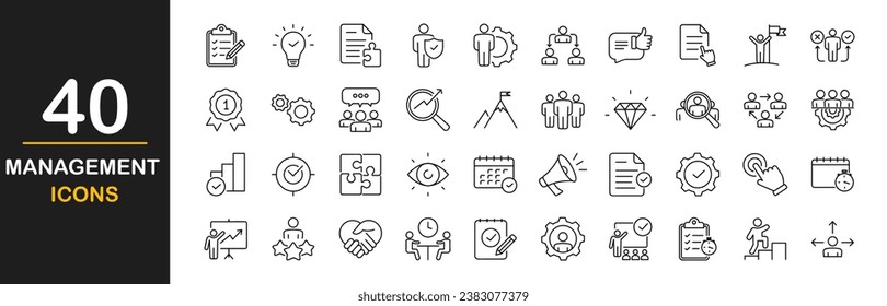 Management web icons set. Management - simple thin line icons collection. Containing vision, mission, values, human resource, money management, experience and more. Simple web icons set