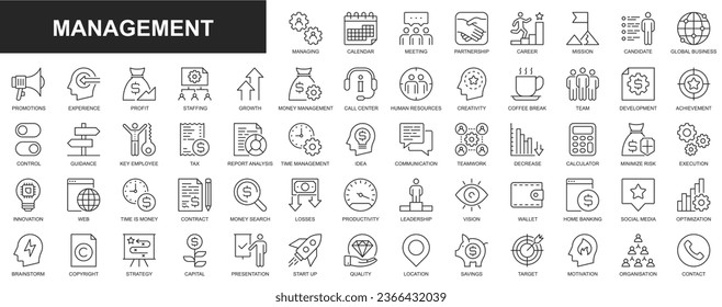 Iconos web de administración establecidos en diseño de línea delgada. Conjunto de reuniones, asociación, carrera, misión, empresa global, promoción, experimento, beneficios, productividad del personal, otros. Pictogramas de trazo de contorno del vector