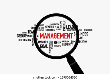 Management word cloud with magnifying, business concept
