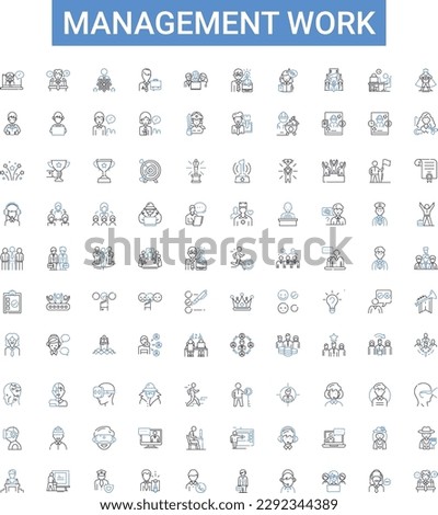 Management work outline icons collection. Management, Work, Control, Plan, Organize, Lead, Supervise vector illustration set. Coordinate, Direct, Schedule line signs