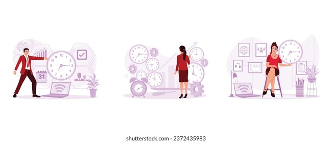Management of work processes in the company. Work time management process. Successful businesswoman holding clock. Time Management concept. Set Trend Modern vector flat illustration