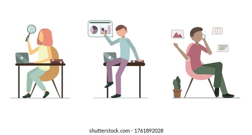 Management Workers Set On The White Background. QA Tester, Business Analyst, Project Manager. Flat Vector Illustration.