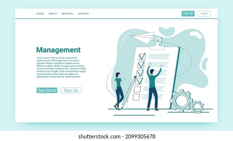 Management.Office work, business activity.People on the background of a large list of tasks.An illustration in the style of a green landing page.