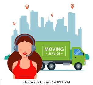 El gerente acepta solicitudes de entrega en la ciudad. Logística del movimiento de coche. ilustración vectorial plana.
