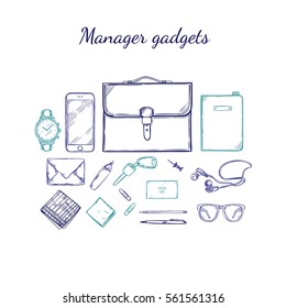 Manager accessories sketch set with briefcase clock smartphone tablet wallet money glasses headphones office supplies isolated vector illustration