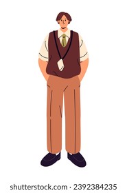 Manager, agent assistant with badge standing, his hands in pocket. Young man wearing formal outfit: tie, vest. Worker, employee portrait. Flat isolated vector illustration on white background