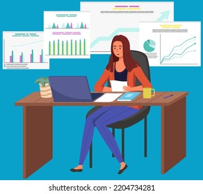 Manager analyzes data scene. Female character researching statistics from charts. Increase sales and skills. Monitoring investment. Finance report graph. Woman sitting with laptop looking at diagram