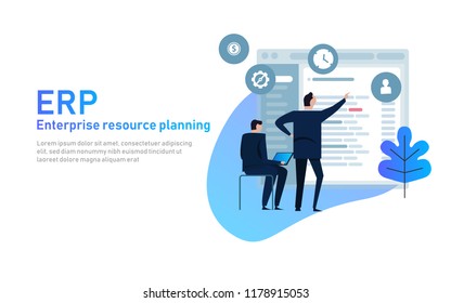 IT manager analyzing the architecture of ERP Enterprise Resource Planning system on virtual AR screen with connections between business intelligence BI , production, HR and CRM modules