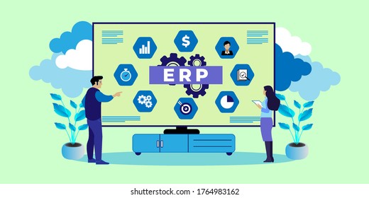 IT manager analyzing the architecture of ERP (Enterprise Resource Planning), ERP, enterprise resource planning. Productivity and improvement Concept, can use for, landing page, template, ui, web.