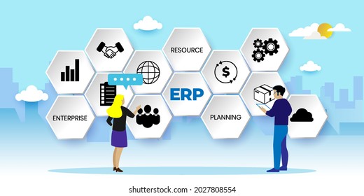 IT manager analyzing the architecture of ERP (Enterprise Resource Planning), ERP, enterprise resource planning. Productivity and improvement Concept, can use for, landing page, template, ui, web.