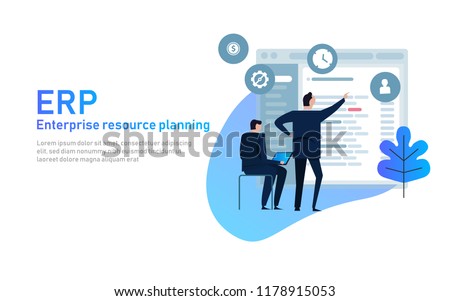 IT manager analyzing the architecture of ERP Enterprise Resource Planning system on virtual AR screen with connections between business intelligence BI , production, HR and CRM modules