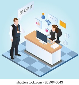 Manager angry to his staff who using social media during office hour 3d isometric vector illustration concept for banner, website, landing page, ads, flyer template
