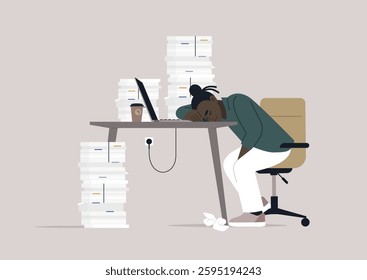 Manager appears exhausted, head resting on their desk amid towering piles of paperwork, Laptop aglow, a coffee cup sits nearby, highlighting their busy yet chaotic work environment