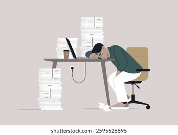 Manager appears exhausted, head resting on their desk amid towering piles of paperwork, Laptop aglow, a coffee cup sits nearby, highlighting their busy yet chaotic work environment