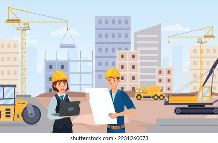 Manager and architect discussing project on paper. People wearing helmets on construction site and standing in front of building block of flats. Engineering plan vector illustration