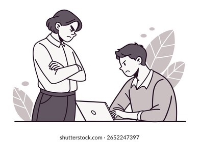 A manager with arms crossed and a stern expression looks down at an employee who is frowning while working on a laptop, suggesting conflict or reprimand.