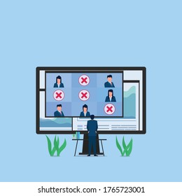 Manager Ask Absence Other Employee Via Video Conference On Monitor Metaphor Of Online Meeting. Business Flat Vector Concept Illustration.