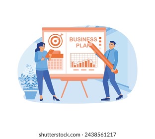 The manager and assistant hold a business plan presentation for the work team. Business strategy to achieve targets. Business Plan concept. Flat vector illustration.