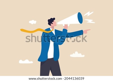 Manager authority, work order or command to control employee, boss or government power to domination causing trouble, raging businessman furious shouting order on megaphone and pointing finger.