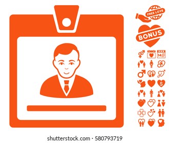 Manager Badge icon with bonus love pictograms. Vector illustration style is flat iconic orange symbols on white background.