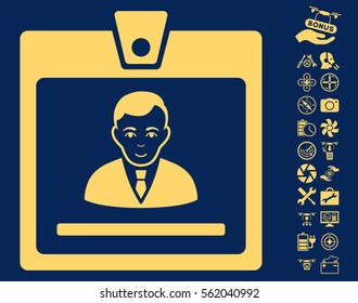 Manager Badge icon with bonus uav tools design elements. Vector illustration style is flat iconic yellow symbols on blue background.