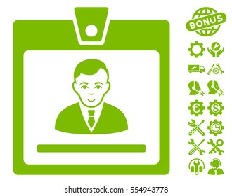 Manager Badge pictograph with bonus configuration pictures. Vector illustration style is flat iconic eco green symbols on white background.