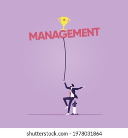 Manager balancing management word with trophy, Business management and risk concept