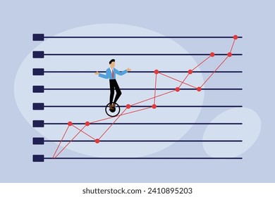 Equilibrio del administrador en un solo ciclo que intenta conducir a través de la gráfica de negocios ilustración vectorial plana 2d